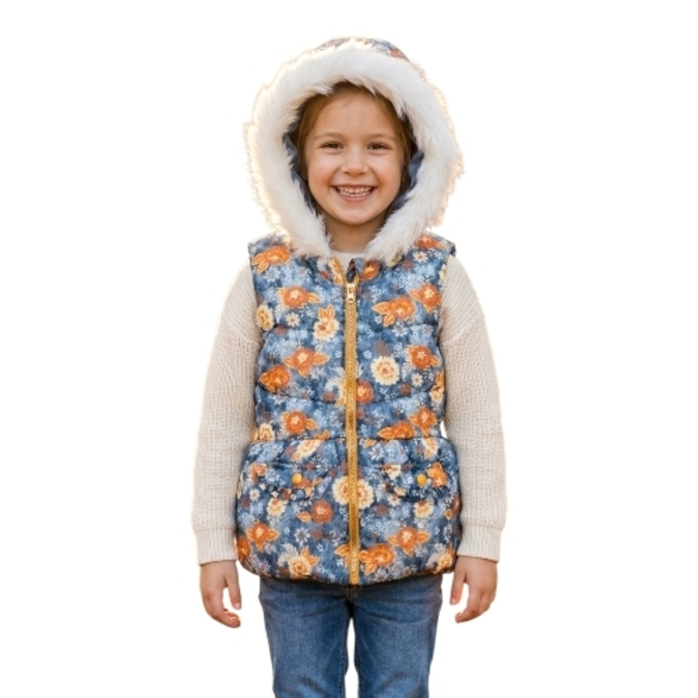 Little Lass Navy Floral Puffer Vest with Faux Fur Hood and Orange Accents Size 6